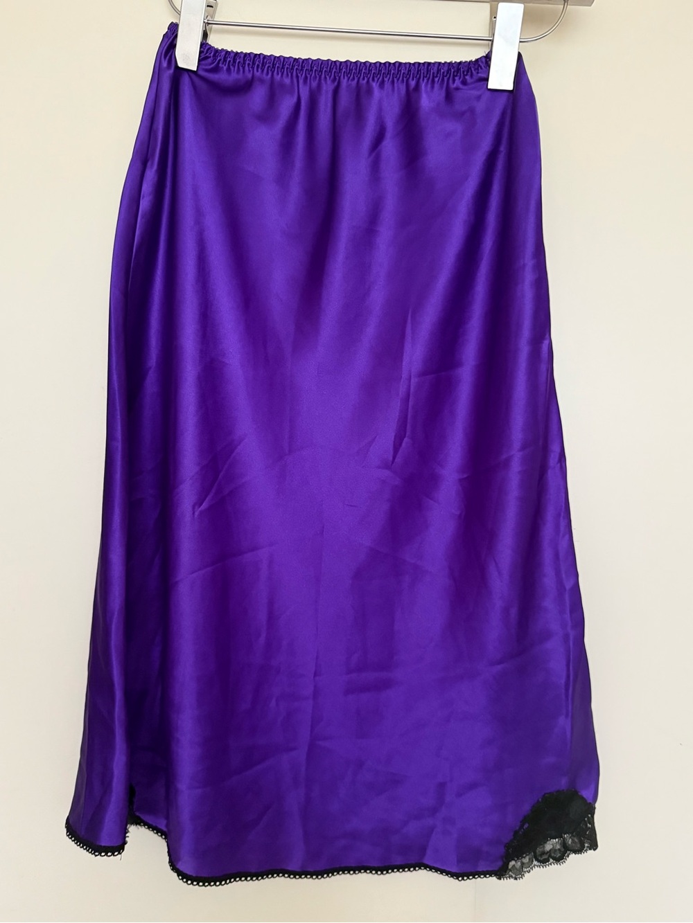 Vintage Purple Satin Slip Skirt Black Lace Trim S/M